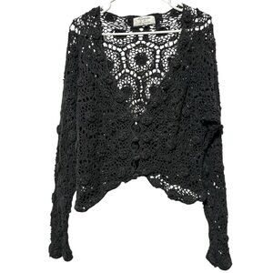 L’EQUIPE Charcoal Grey Crochet Lace Cardigan Boho Poetcore Rosette Sheer Goth